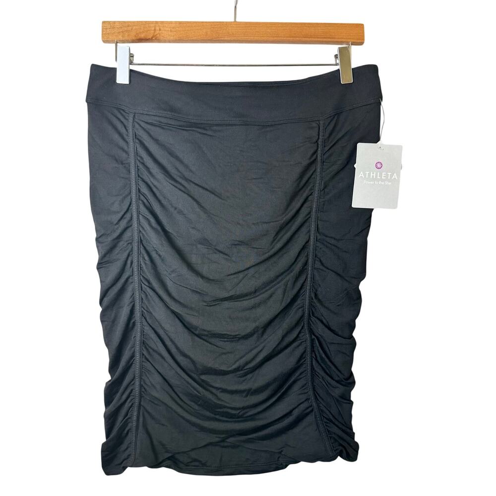 Athleta Odyssey twisted ruched midi skirt black gathered side Womens Medium NWT